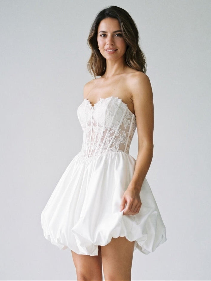 White Satin A-Line Sweetheart Lace-Up Back Short Dress