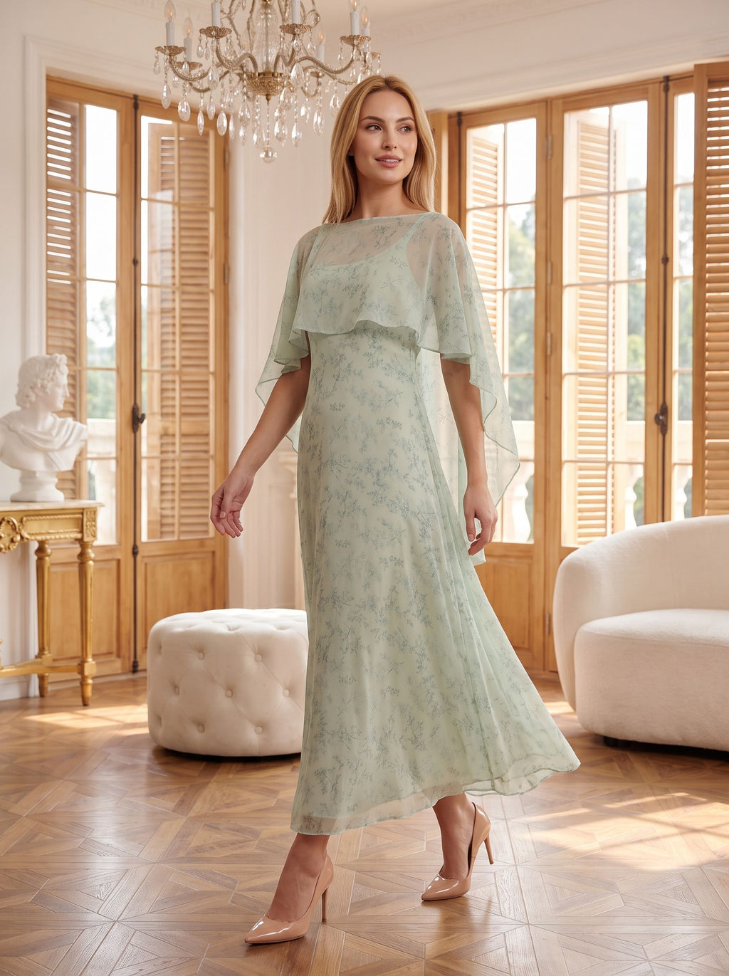 Dusty Sage Chiffon A-Line V-Neck Back Zip Floor-Length Dress with Cape