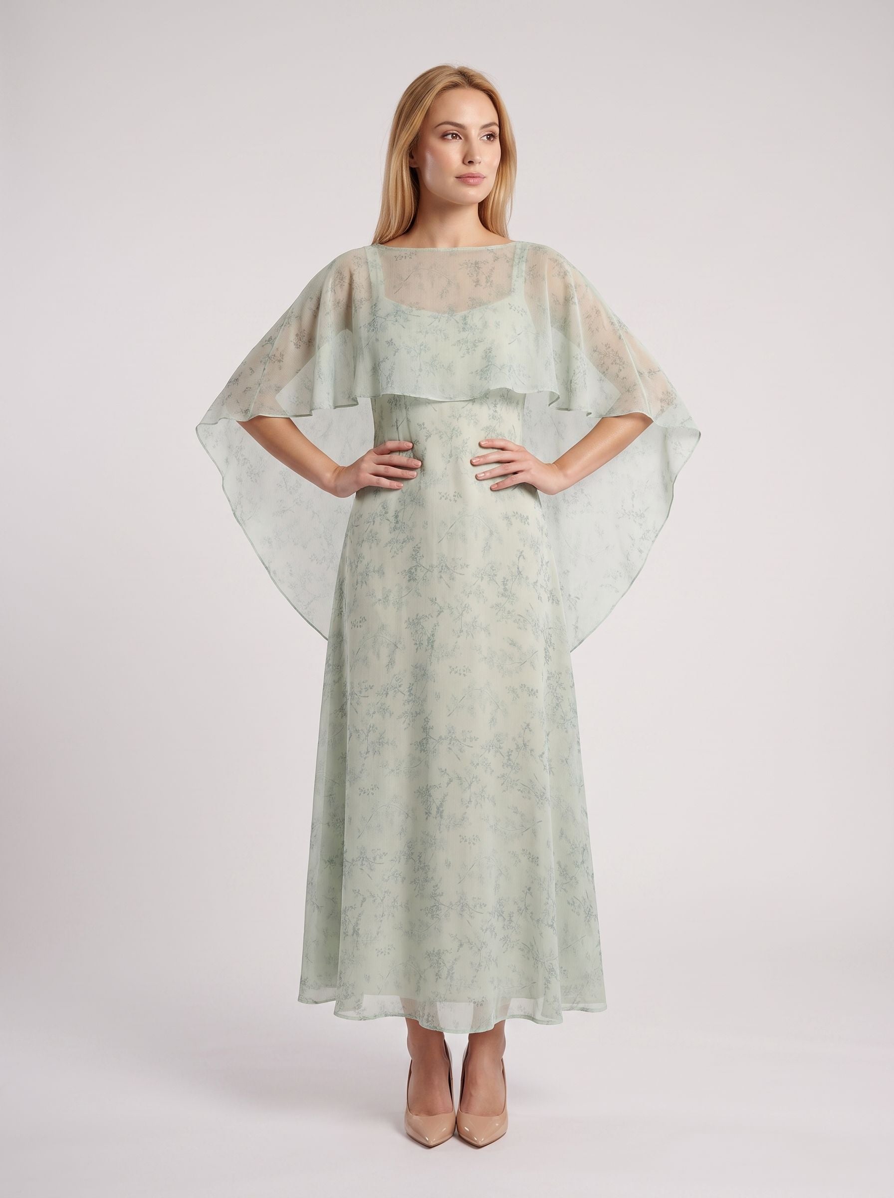 Dusty Sage Chiffon A-Line V-Neck Back Zip Floor-Length Dress with Cape
