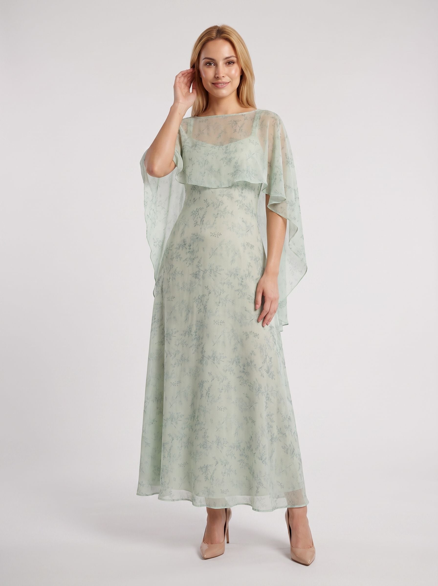 Dusty Sage Chiffon A-Line V-Neck Back Zip Floor-Length Dress with Cape