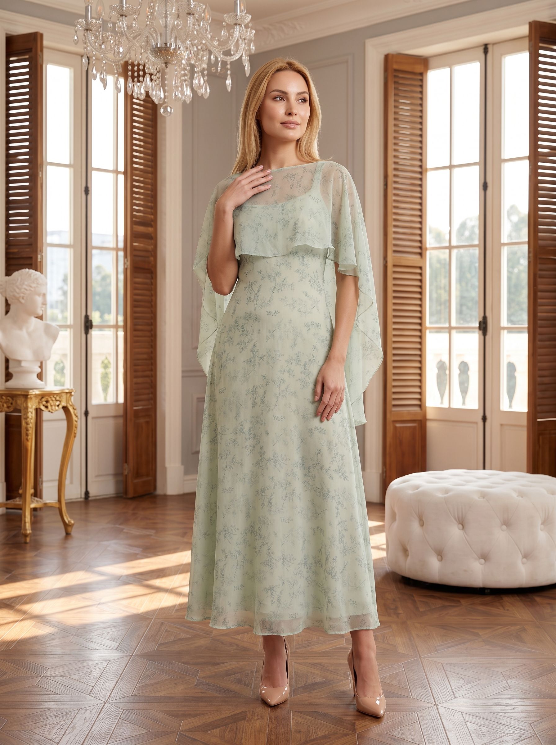 Dusty Sage Chiffon A-Line V-Neck Back Zip Floor-Length Dress with Cape