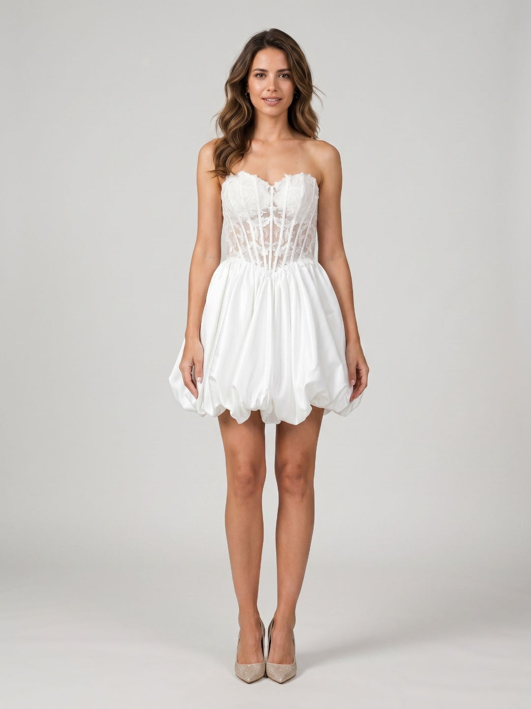 White Satin A-Line Sweetheart Lace-Up Back Short Dress