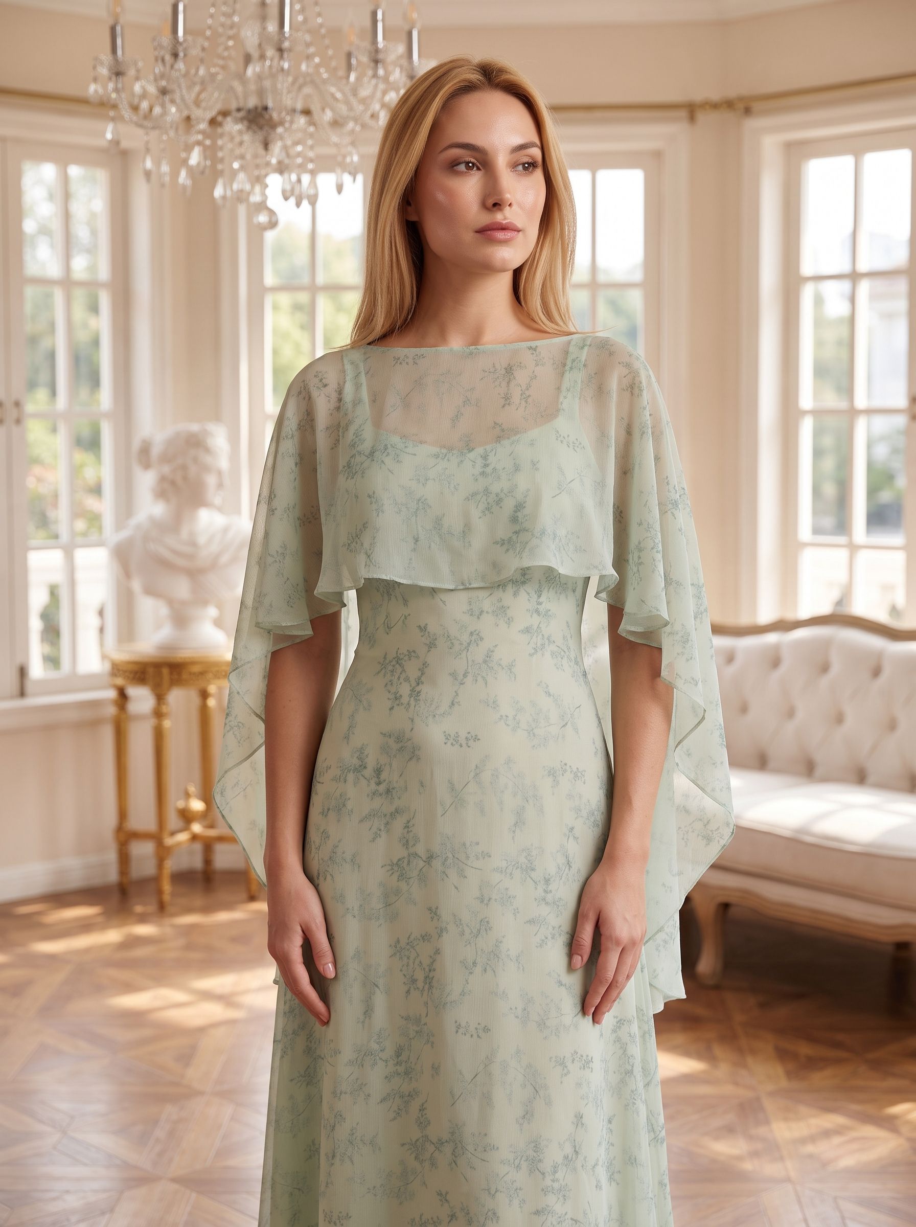 Dusty Sage Chiffon A-Line V-Neck Back Zip Floor-Length Dress with Cape