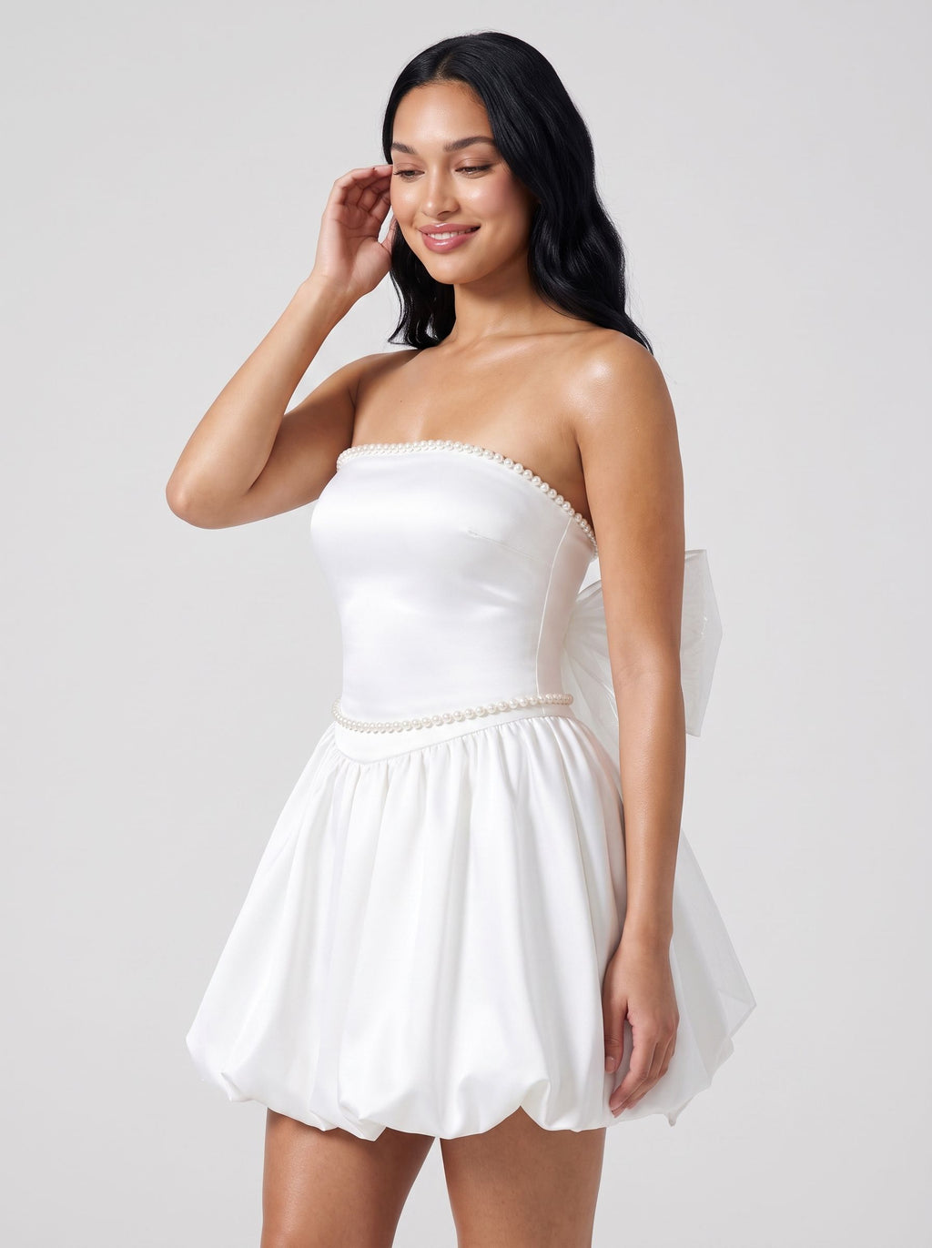 White Satin A-Line Straight Neck Back Zip Short Dress with Pearl Trim