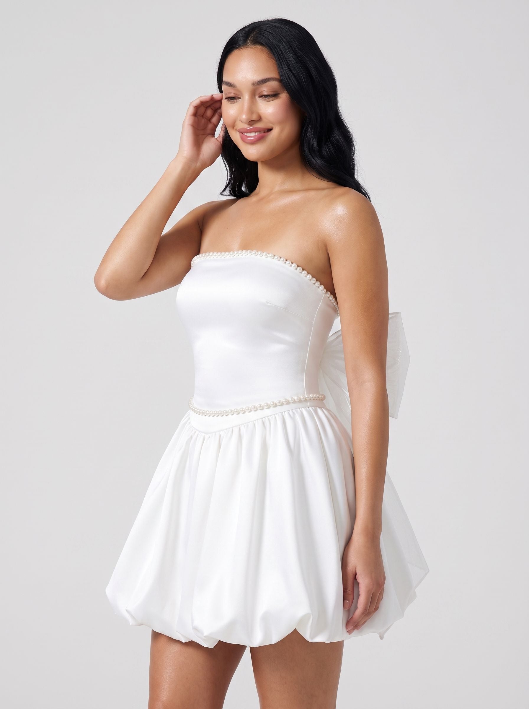 White Satin A-Line Straight Neck Back Zip Short Dress with Pearl Trim