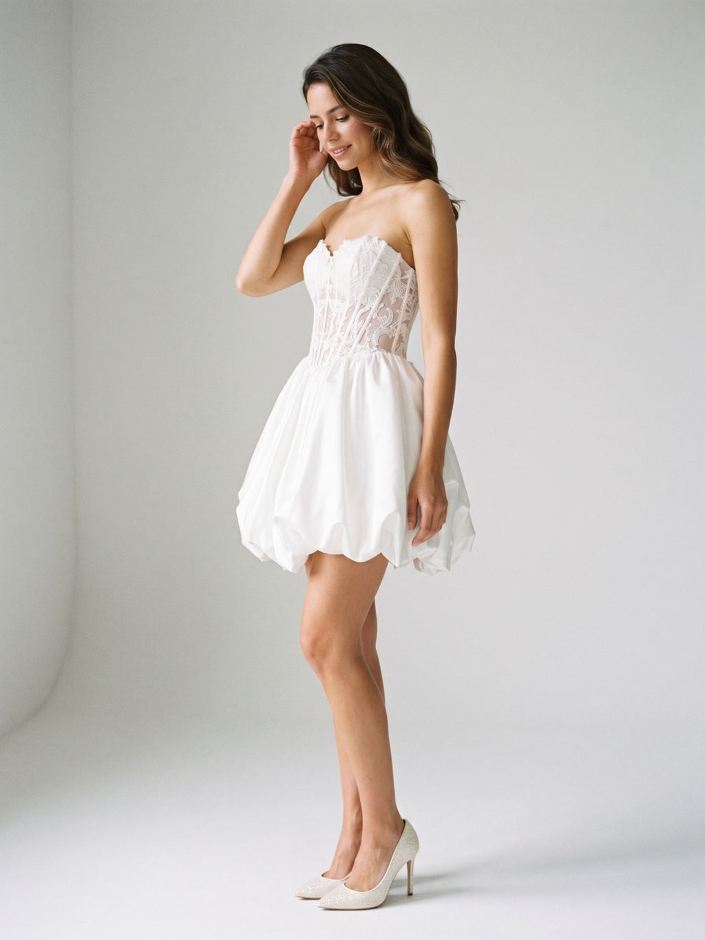 White Satin A-Line Sweetheart Lace-Up Back Short Dress