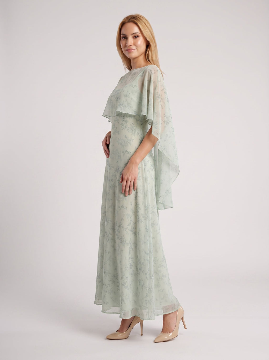 Dusty Sage Chiffon A-Line V-Neck Back Zip Floor-Length Dress with Cape