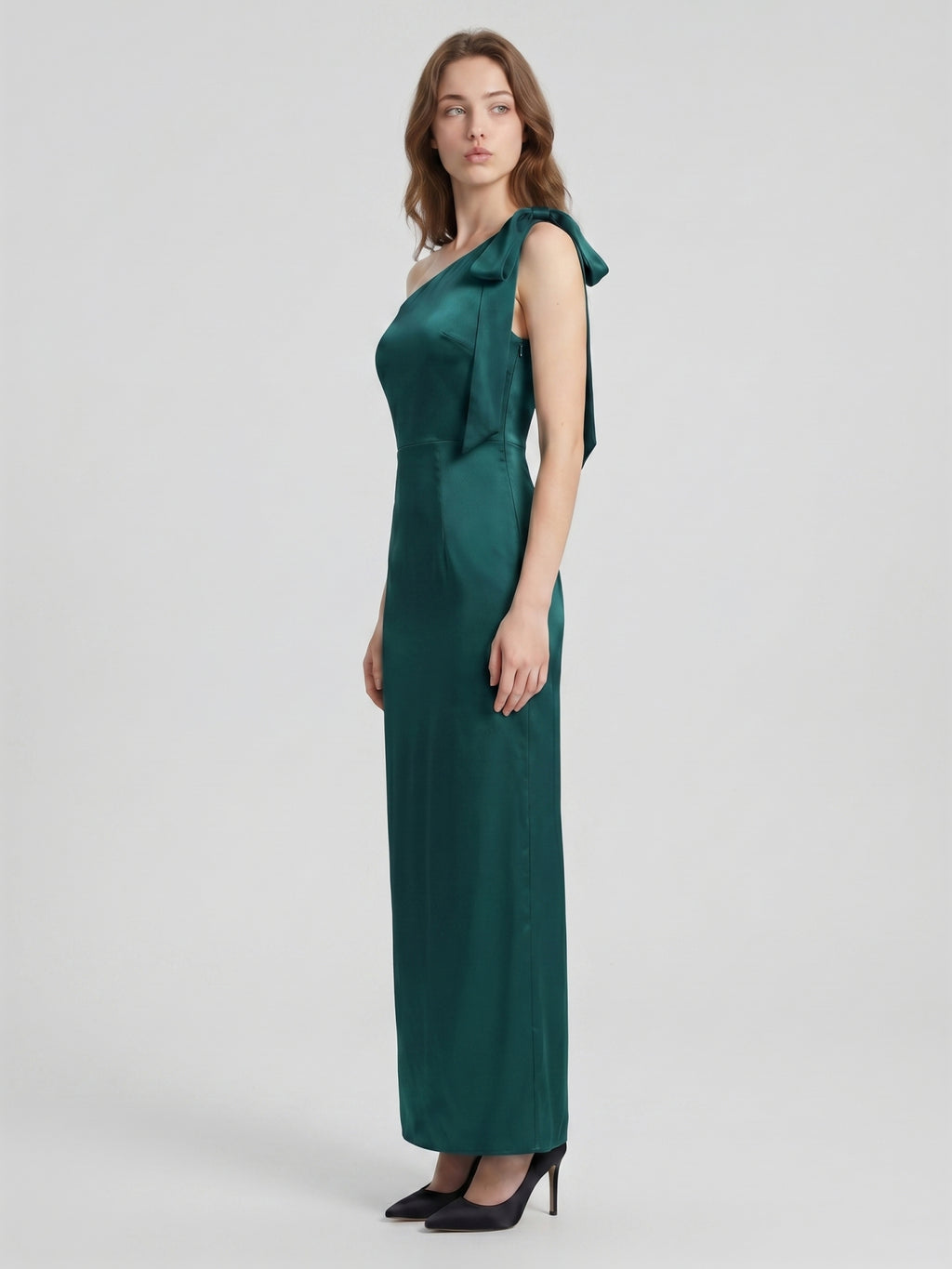 Peacock Satin Sheath One Shoulder Side Zip Floor-Length Bridesmaid Dress with Bow