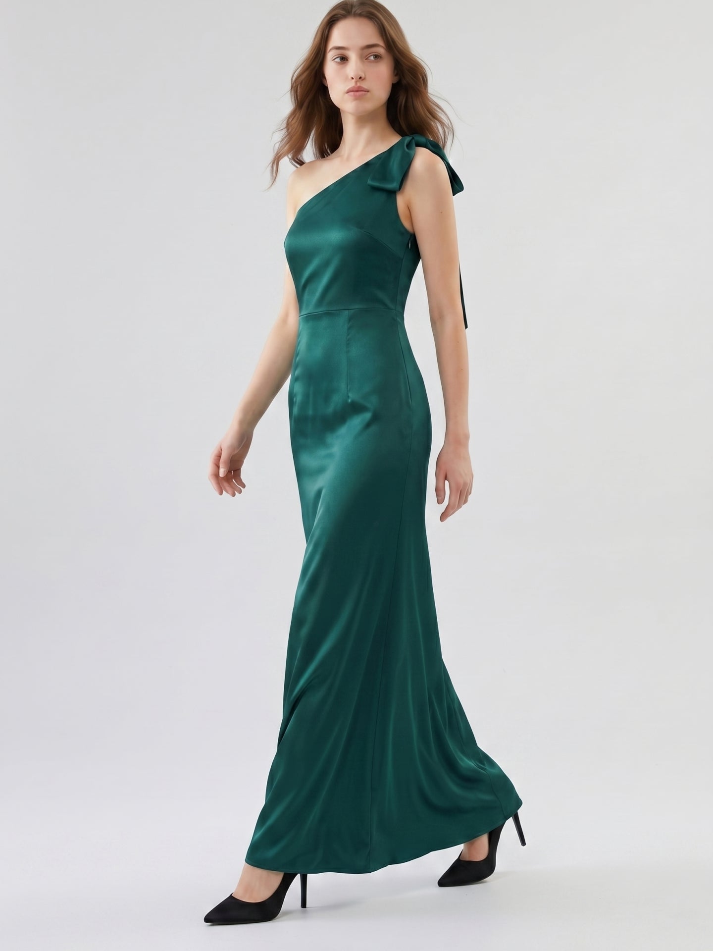 Peacock Satin Sheath One Shoulder Side Zip Floor-Length Bridesmaid Dress with Bow