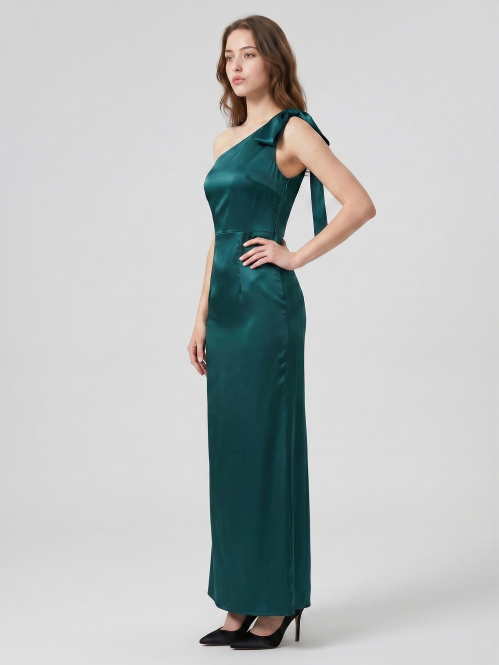 Peacock Satin Sheath One Shoulder Side Zip Floor-Length Bridesmaid Dress with Bow
