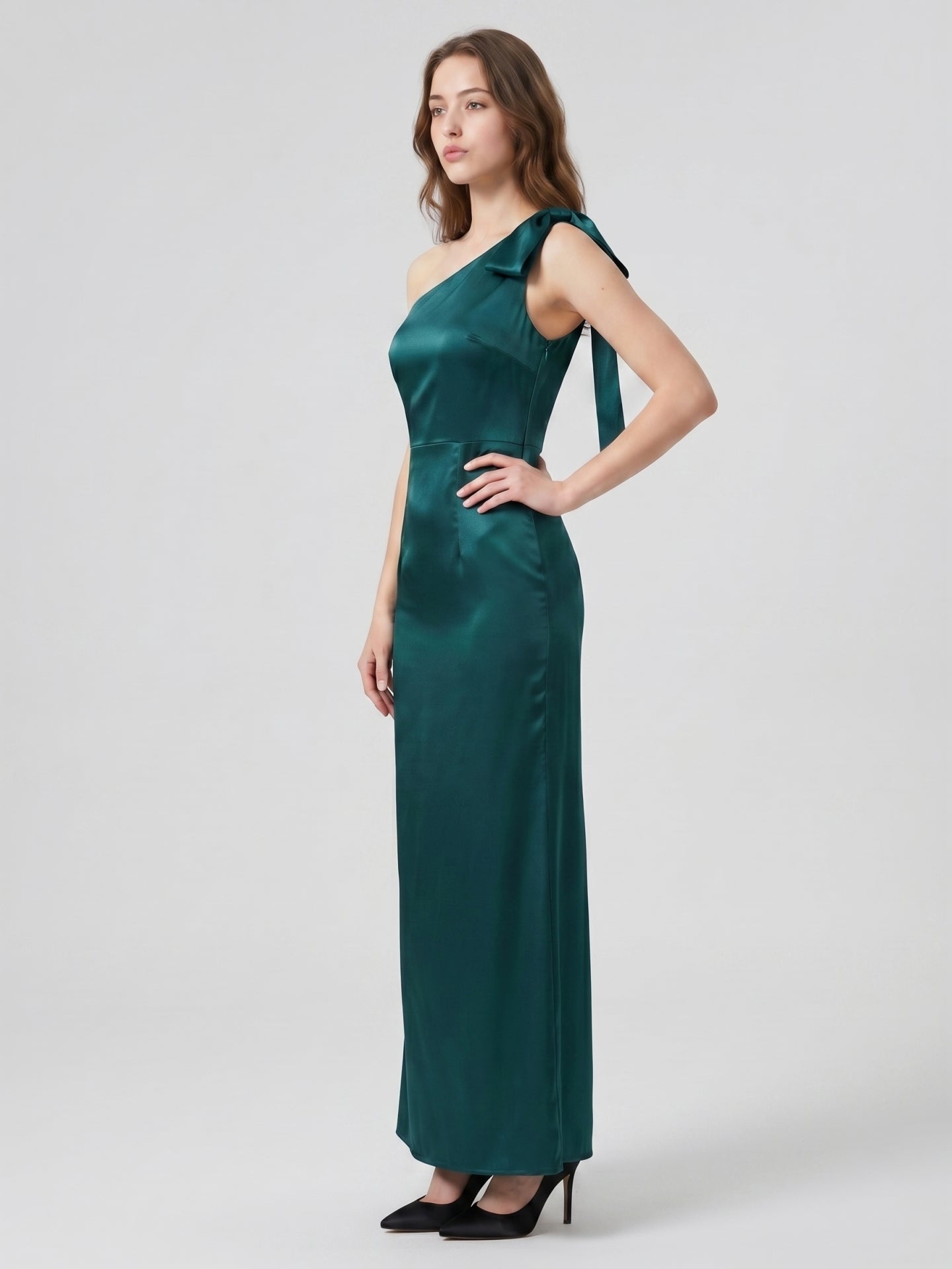 Peacock Satin Sheath One Shoulder Side Zip Floor-Length Bridesmaid Dress with Bow