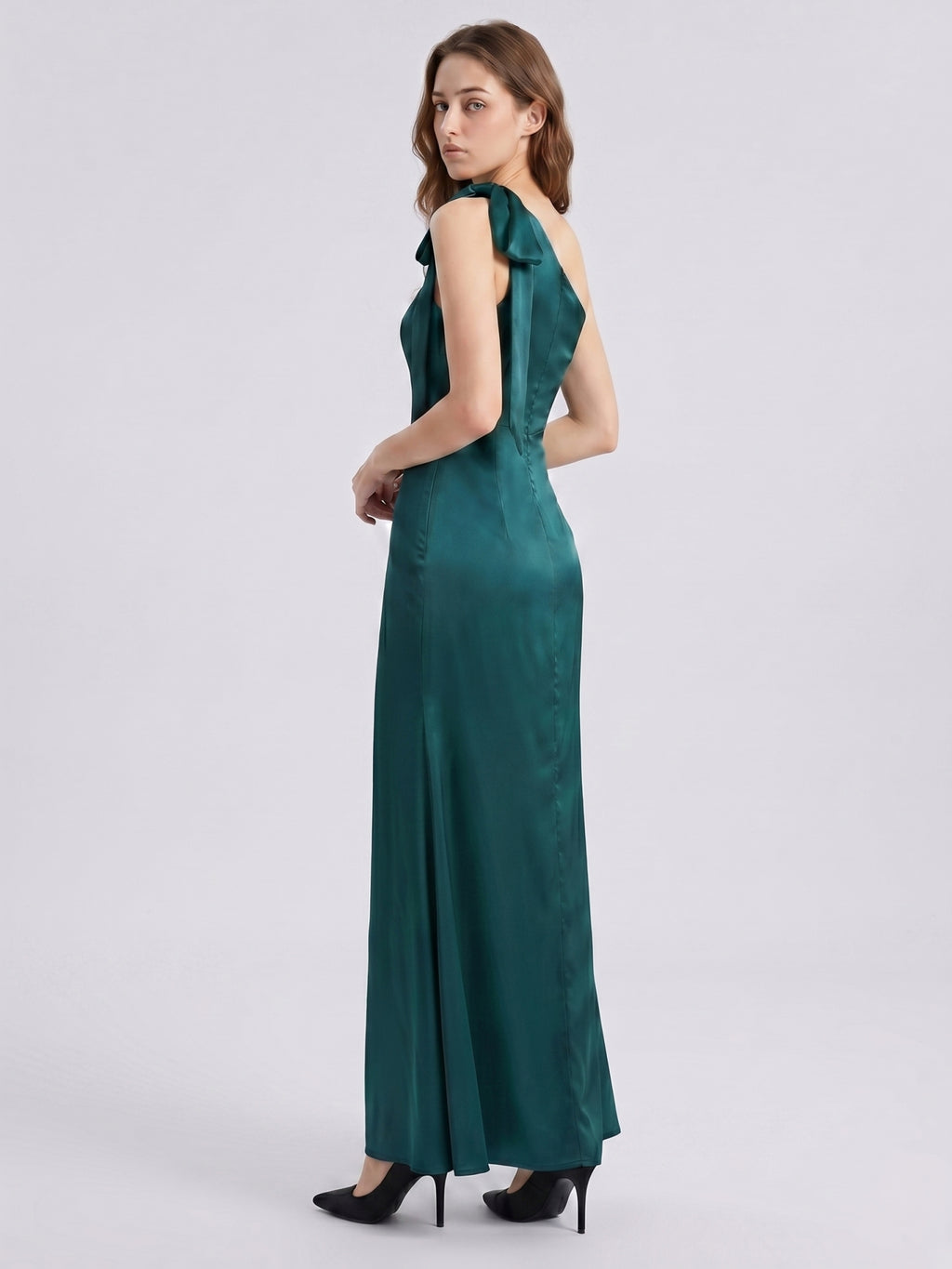 Peacock Satin Sheath One Shoulder Side Zip Floor-Length Bridesmaid Dress with Bow
