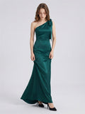 Peacock Satin Sheath One Shoulder Side Zip Floor-Length Bridesmaid Dress with Bow