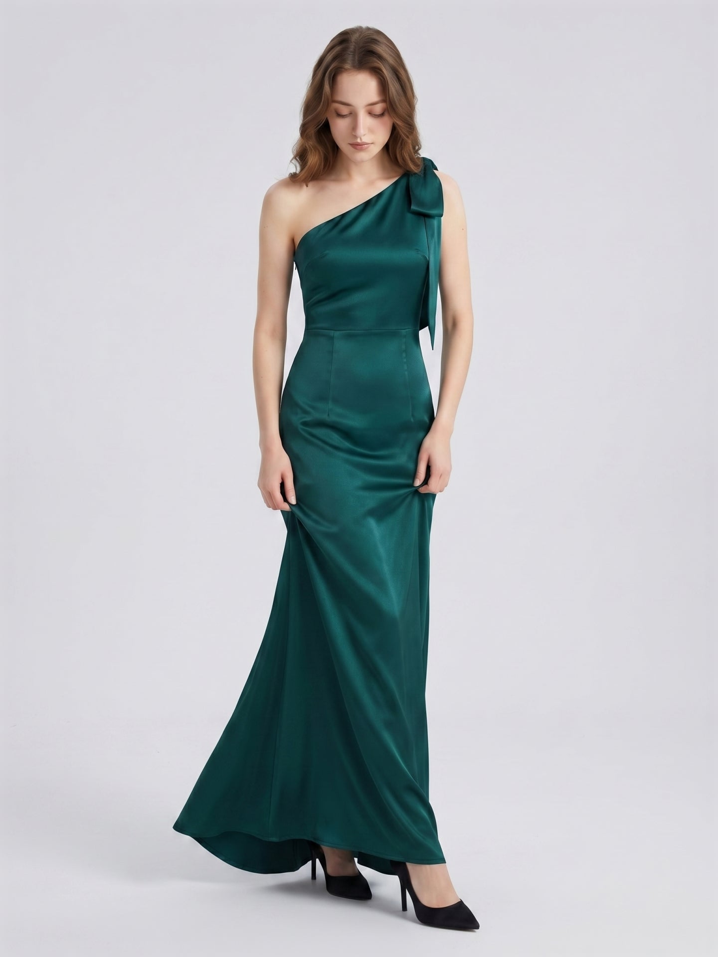Peacock Satin Sheath One Shoulder Side Zip Floor-Length Bridesmaid Dress with Bow
