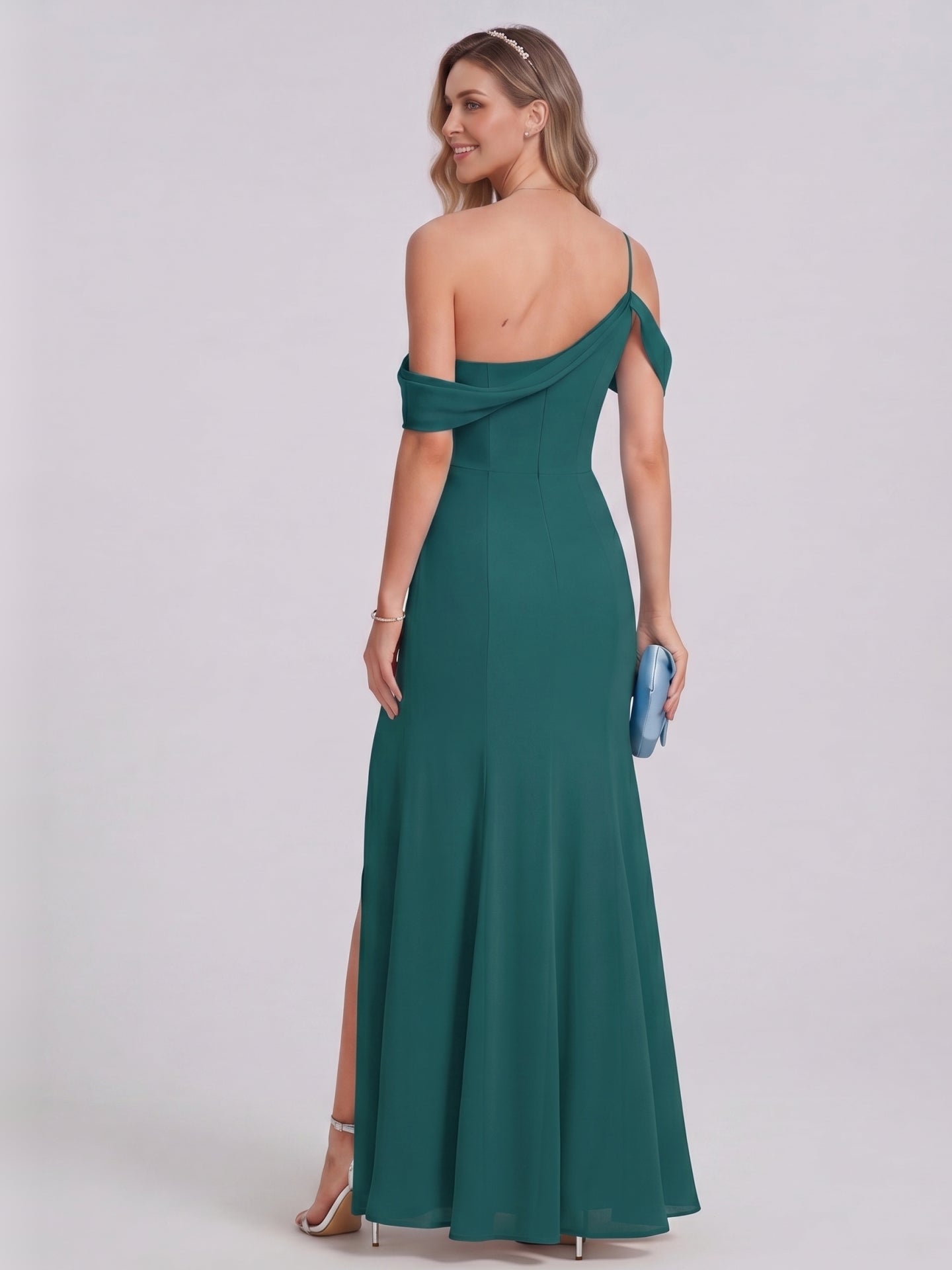 Elegant Peacock Chiffon mermaid Straight Neck Back Zip Ankle-Length Bridesmaid Dress
