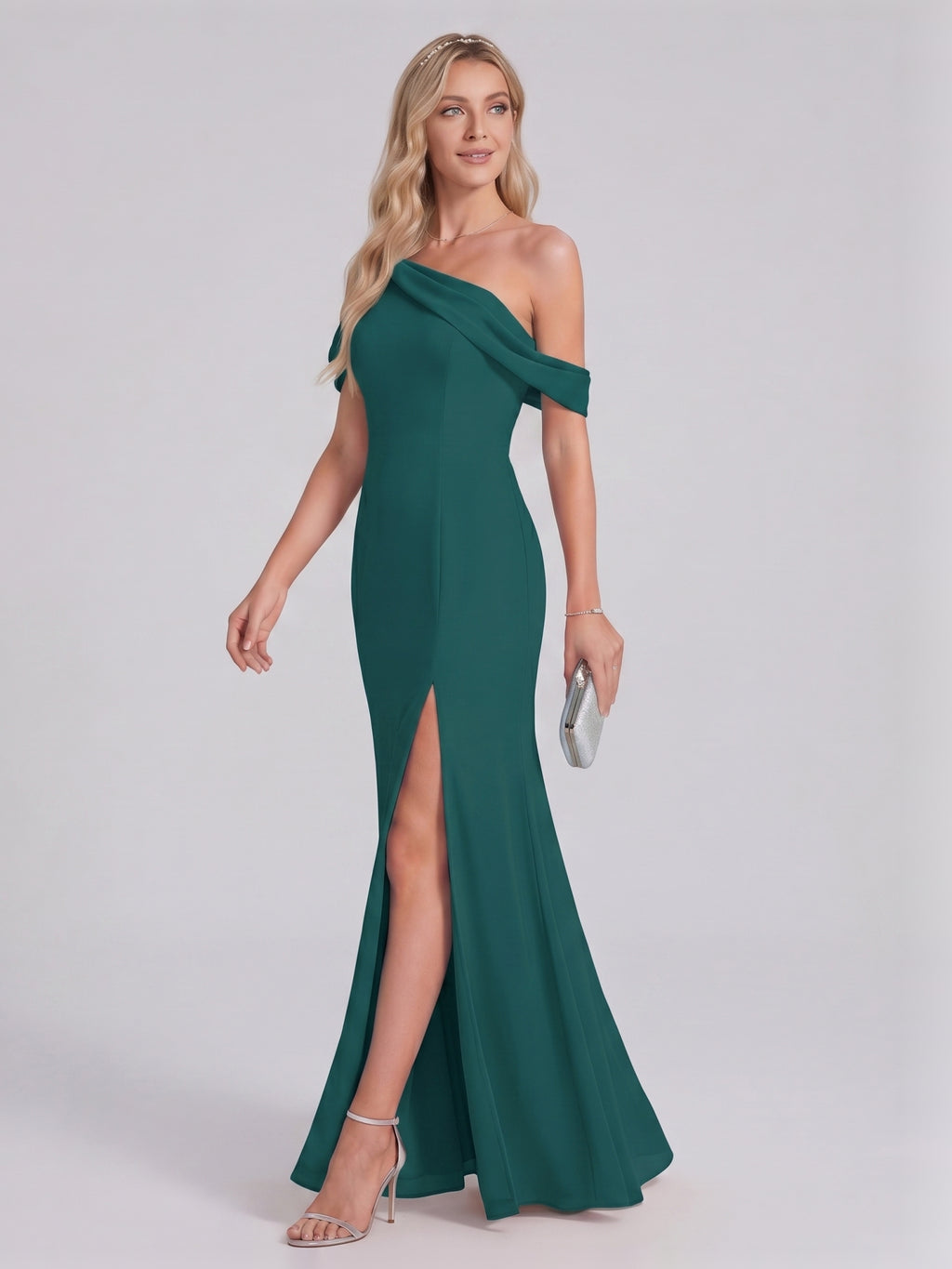Elegant Peacock Chiffon mermaid Straight Neck Back Zip Ankle-Length Bridesmaid Dress
