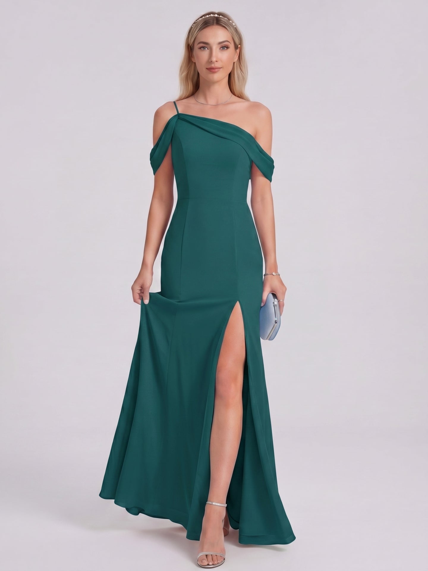 Elegant Peacock Chiffon mermaid Straight Neck Back Zip Ankle-Length Bridesmaid Dress