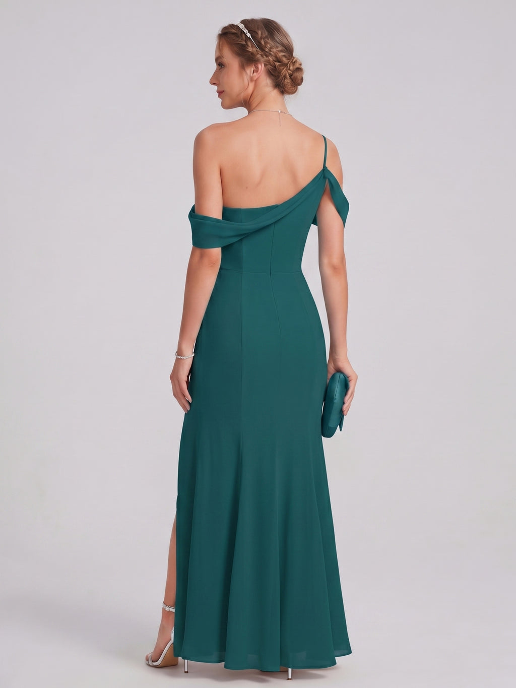 Elegant Peacock Chiffon mermaid Straight Neck Back Zip Ankle-Length Bridesmaid Dress