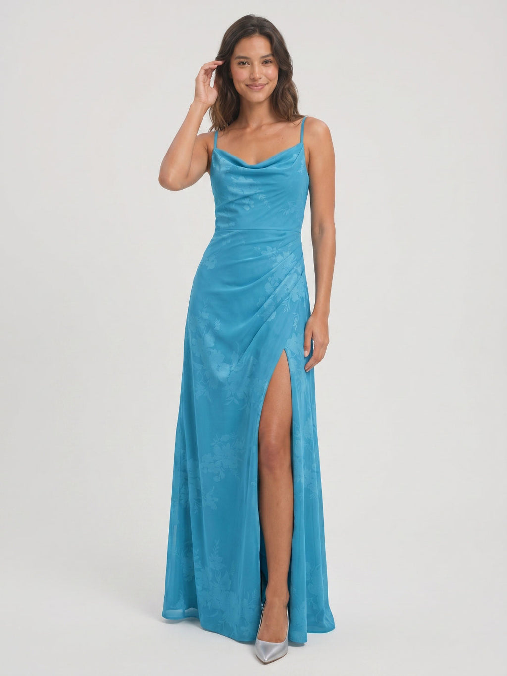 Peacock Blue Chiffon A-Line Cowl Neck Back Zip Floor-Length Bridesmaid Dress with Pleating