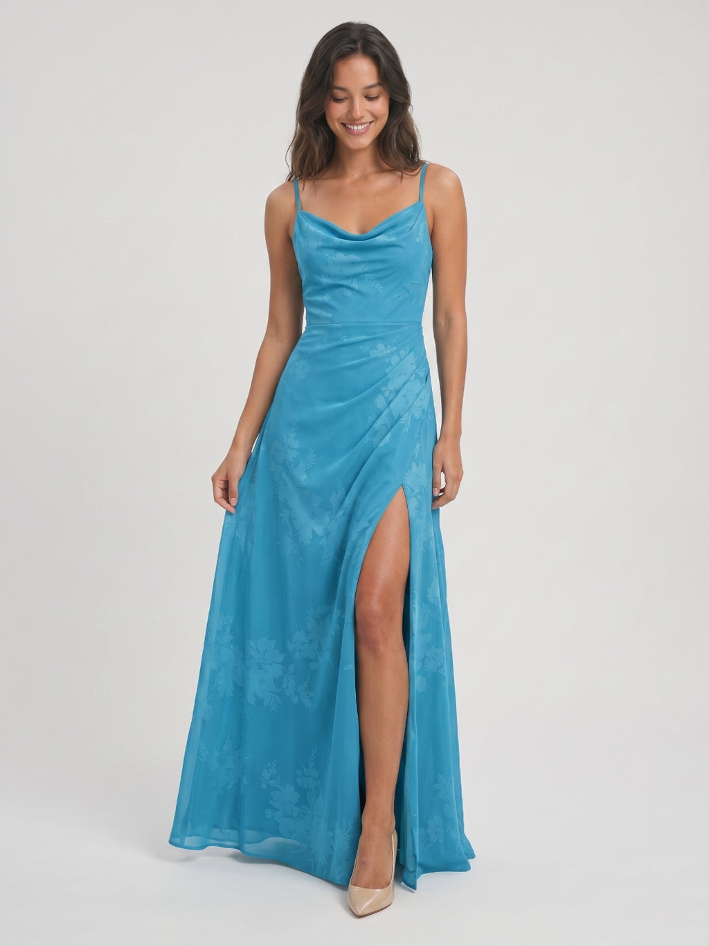 Peacock Blue Chiffon A-Line Cowl Neck Back Zip Floor-Length Bridesmaid Dress with Pleating