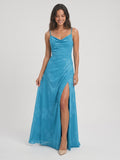 Peacock Blue Chiffon A-Line Cowl Neck Back Zip Floor-Length Bridesmaid Dress with Pleating