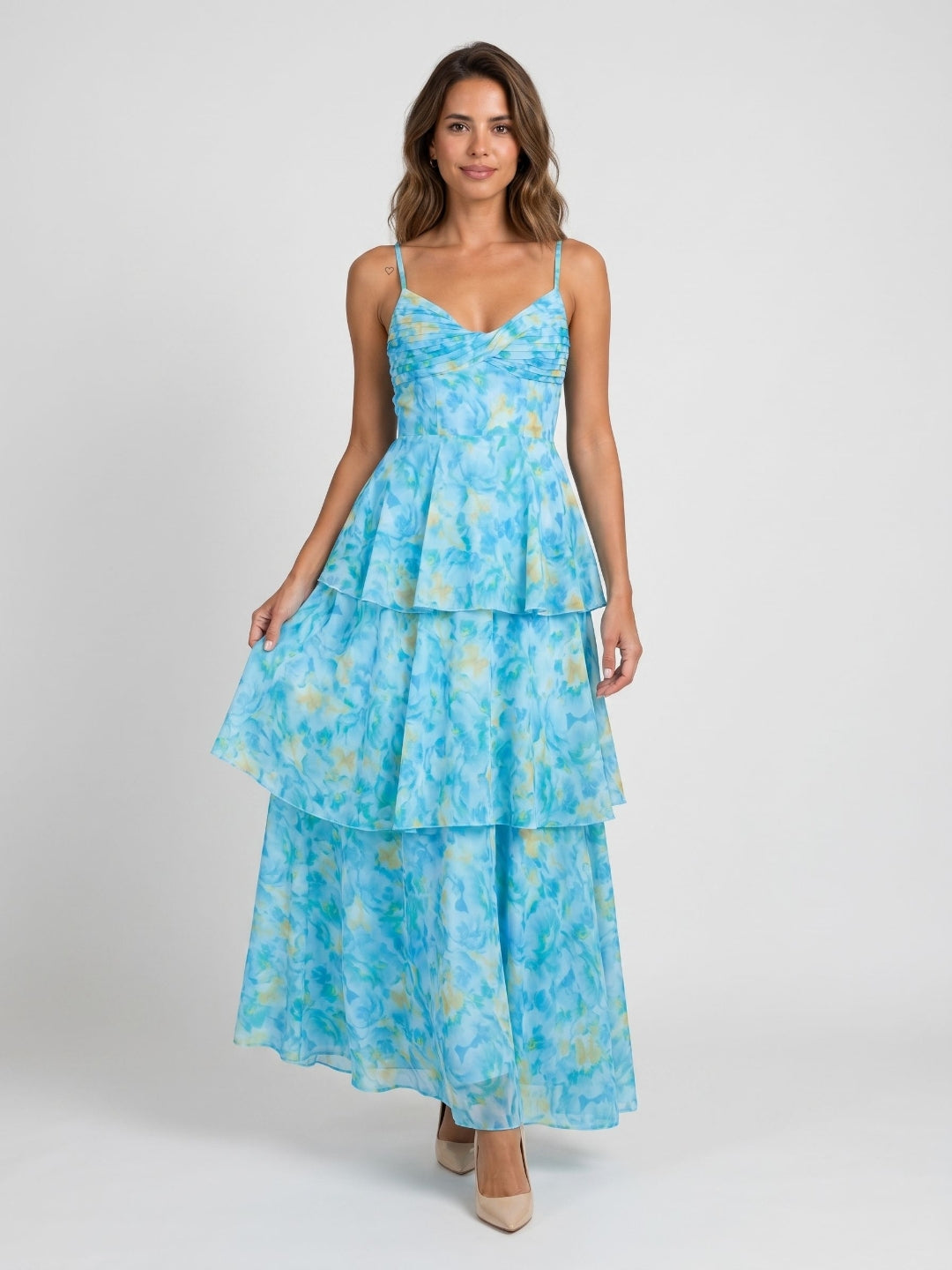 Peacock Blue Chiffon A-Line Scoop Neck Back Zip Ankle-Length Evening Dress
