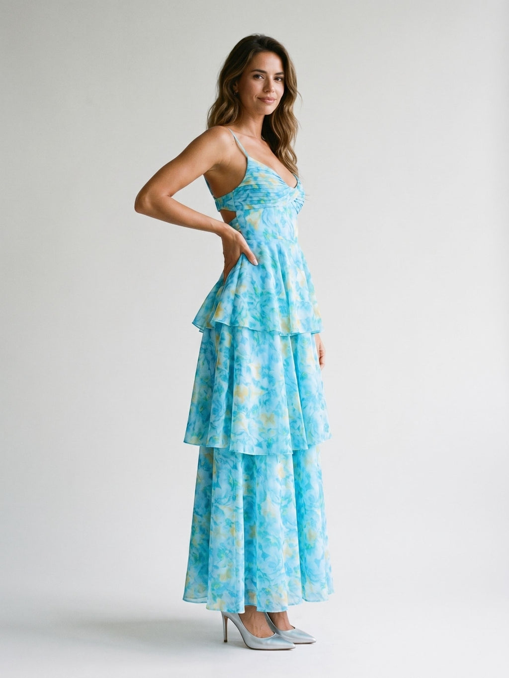 Peacock Blue Chiffon A-Line Scoop Neck Back Zip Ankle-Length Evening Dress