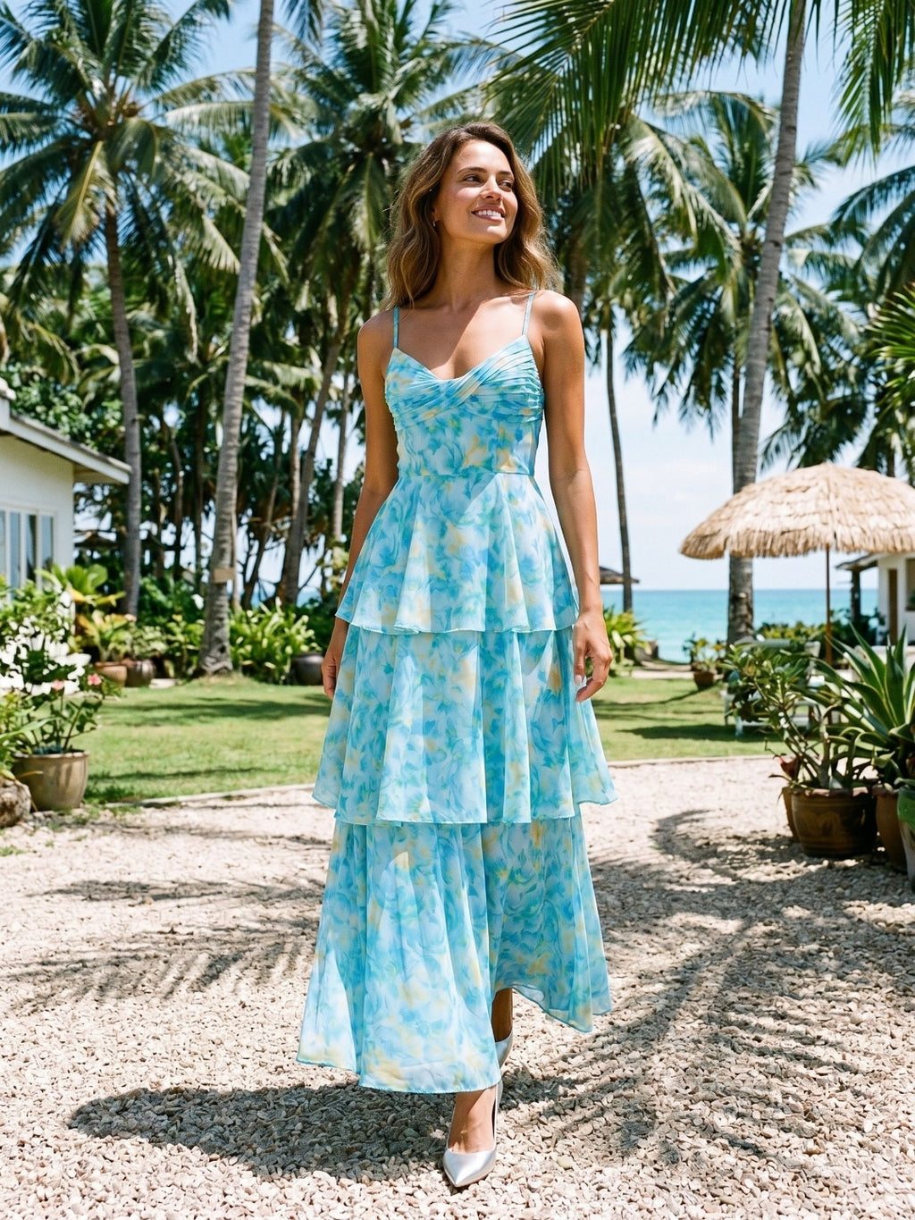 Peacock Blue Chiffon A-Line Scoop Neck Back Zip Ankle-Length Evening Dress