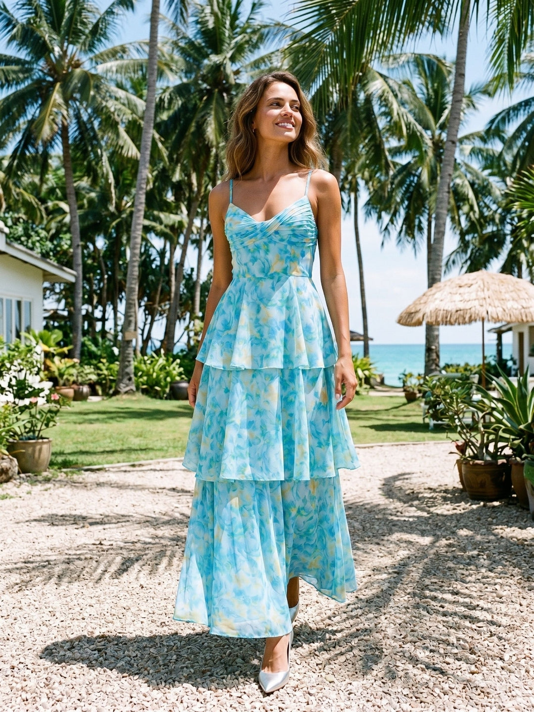 Peacock Blue Chiffon A-Line Scoop Neck Back Zip Ankle-Length Evening Dress