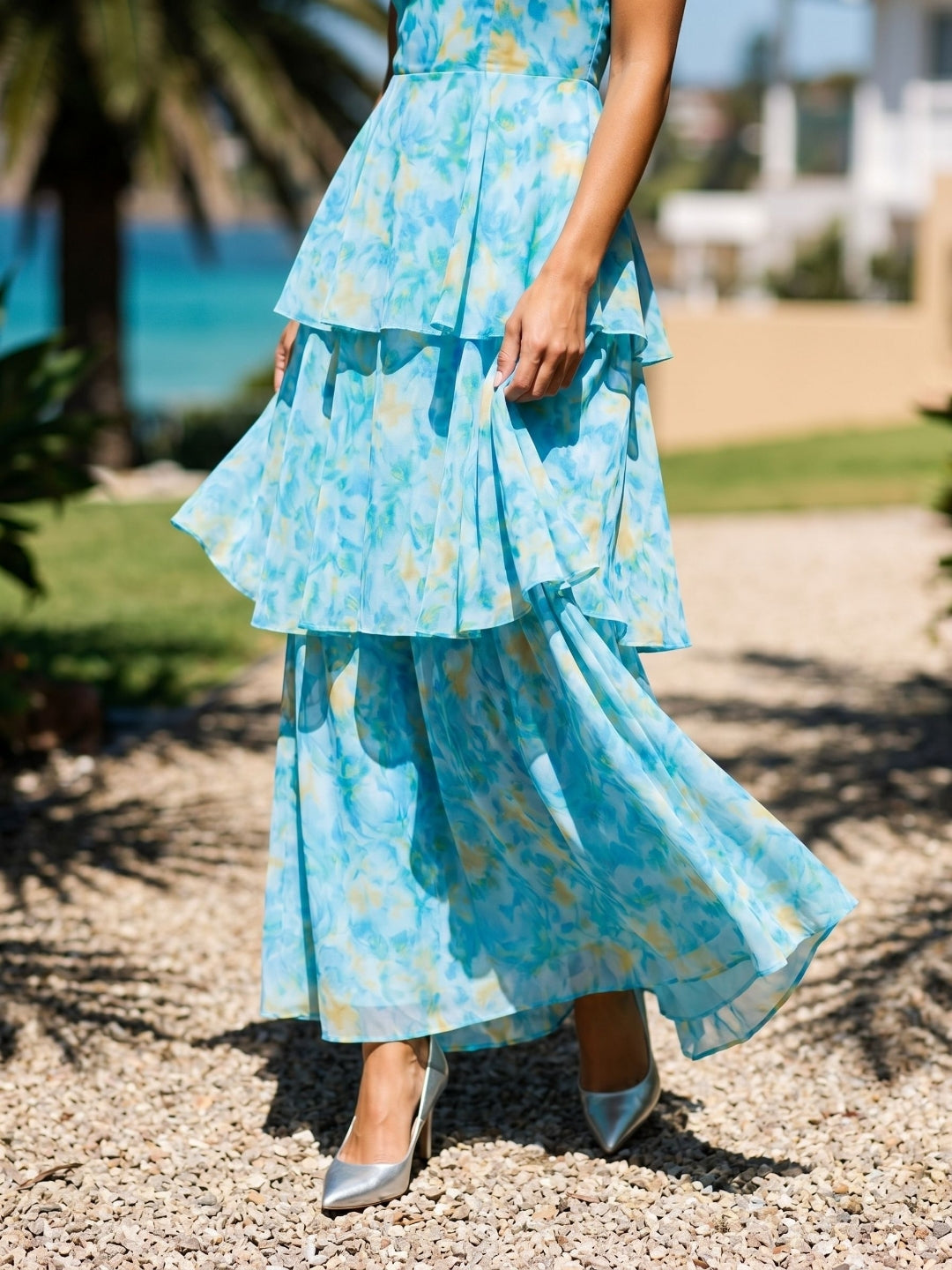 Peacock Blue Chiffon A-Line Scoop Neck Back Zip Ankle-Length Evening Dress