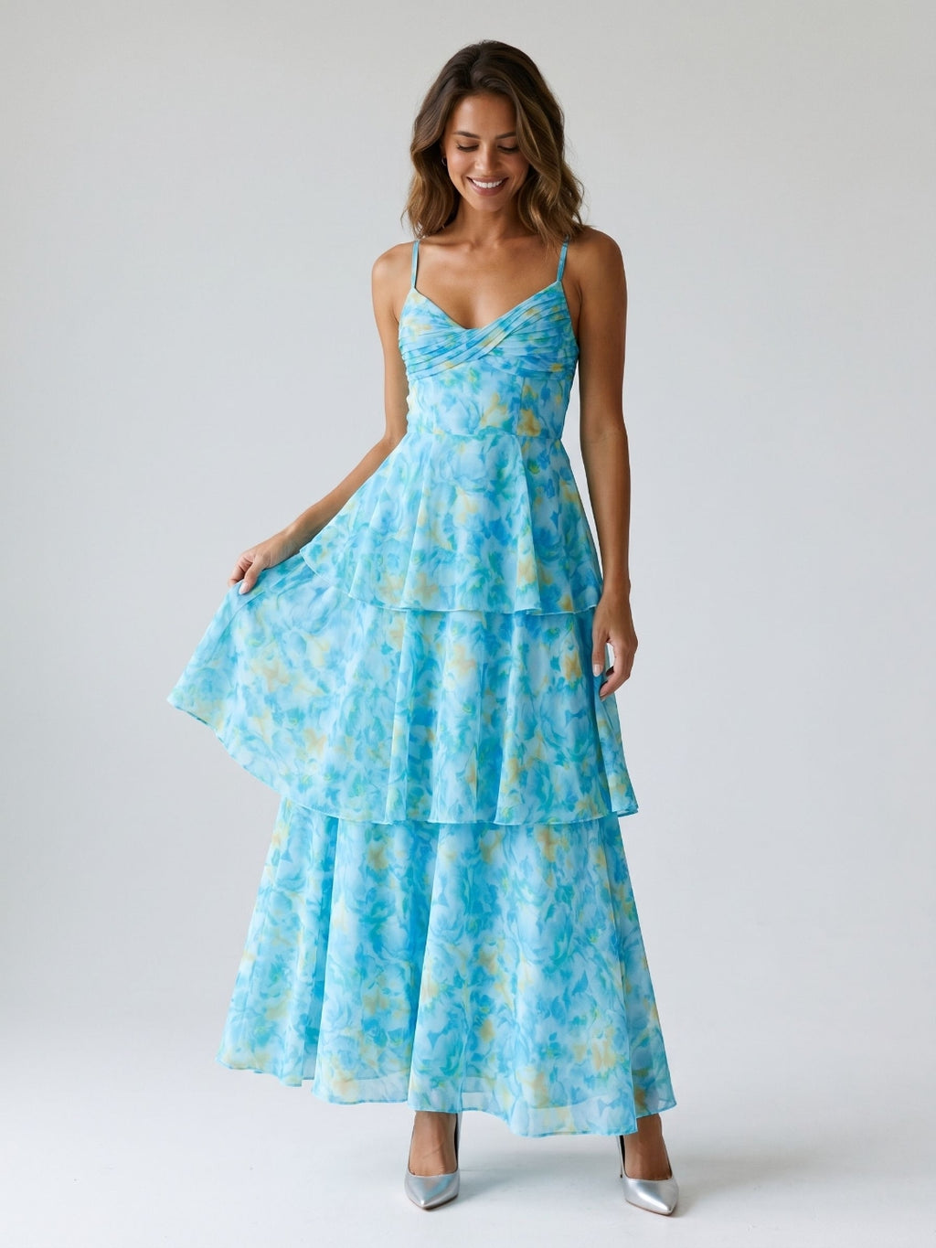 Peacock Blue Chiffon A-Line Scoop Neck Back Zip Ankle-Length Evening Dress
