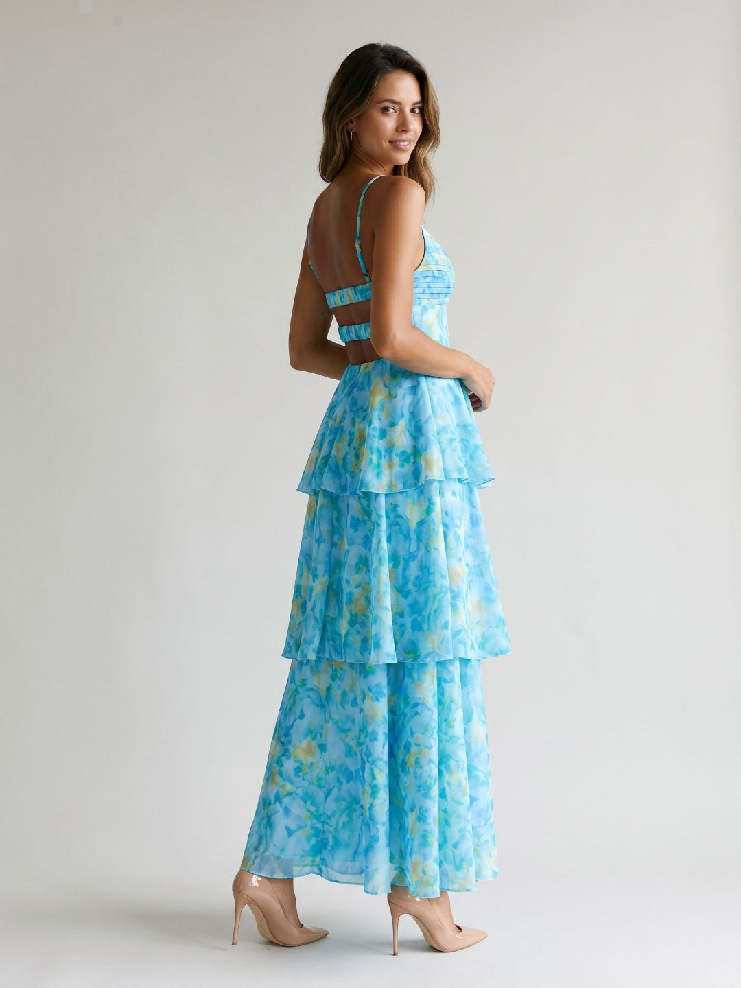 Peacock Blue Chiffon A-Line Scoop Neck Back Zip Ankle-Length Evening Dress