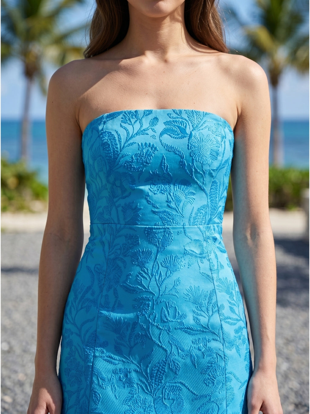 Peacock Blue Jacquard Sheath Off-the-Shoulder Backless Short Evening Dress