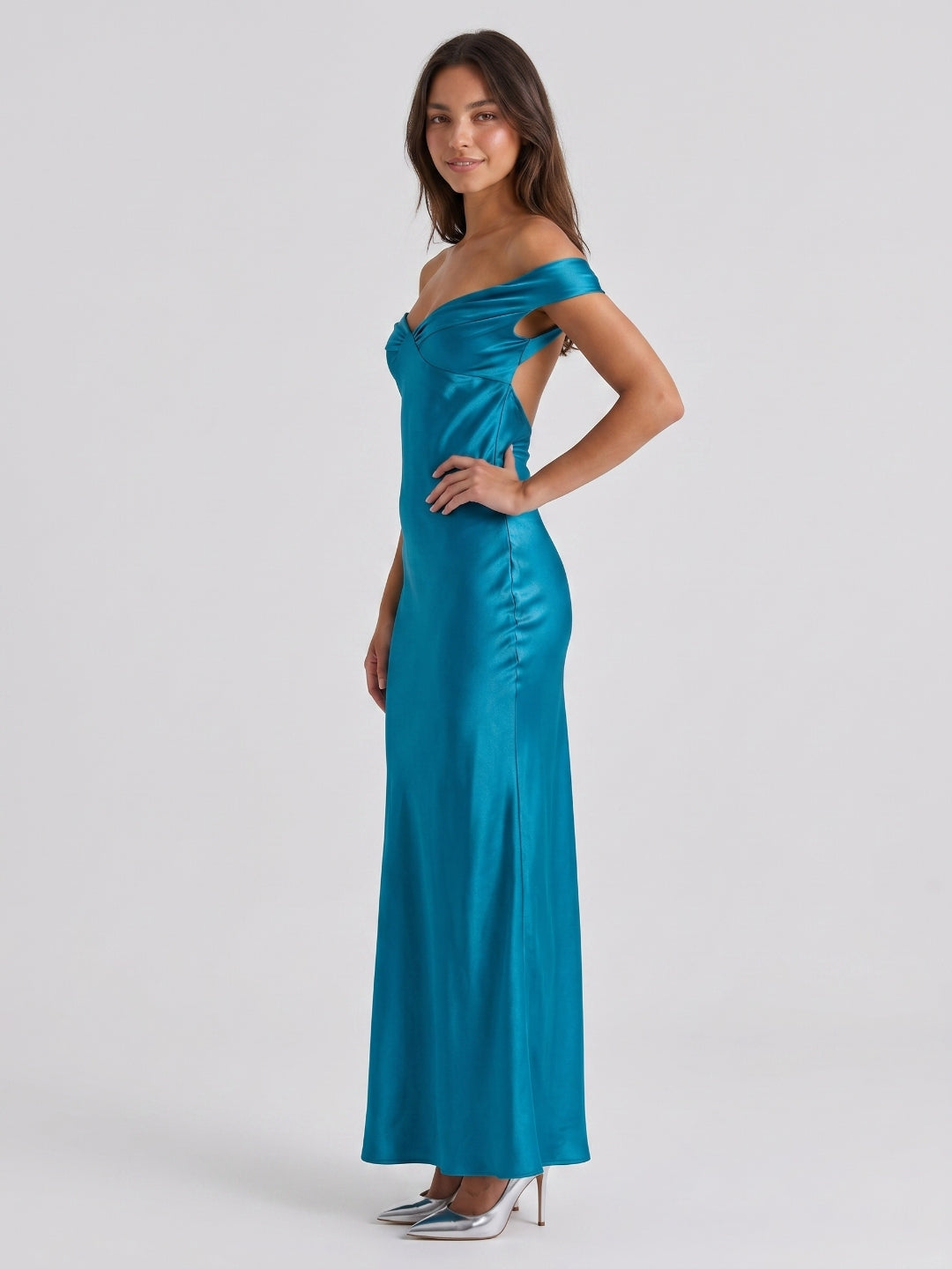 Peacock Blue Satin Sheath Off-the-Shoulder Backless Floor-Length Prom Dress