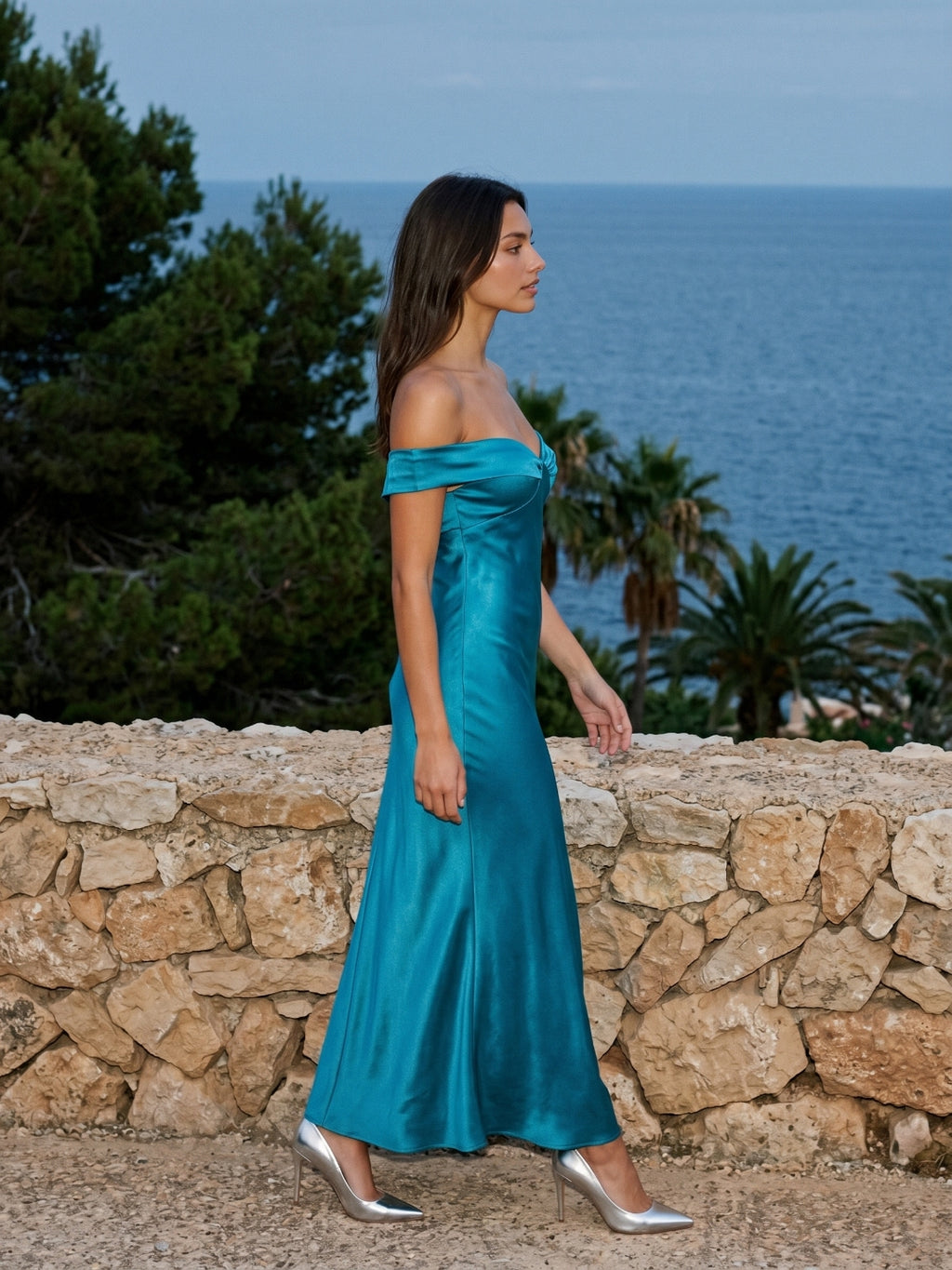 Peacock Blue Satin Sheath Off-the-Shoulder Backless Floor-Length Prom Dress