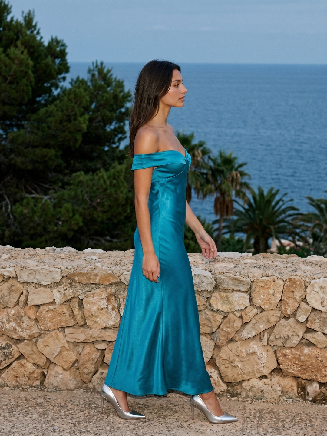 Peacock Blue Satin Sheath Off-the-Shoulder Backless Floor-Length Prom Dress