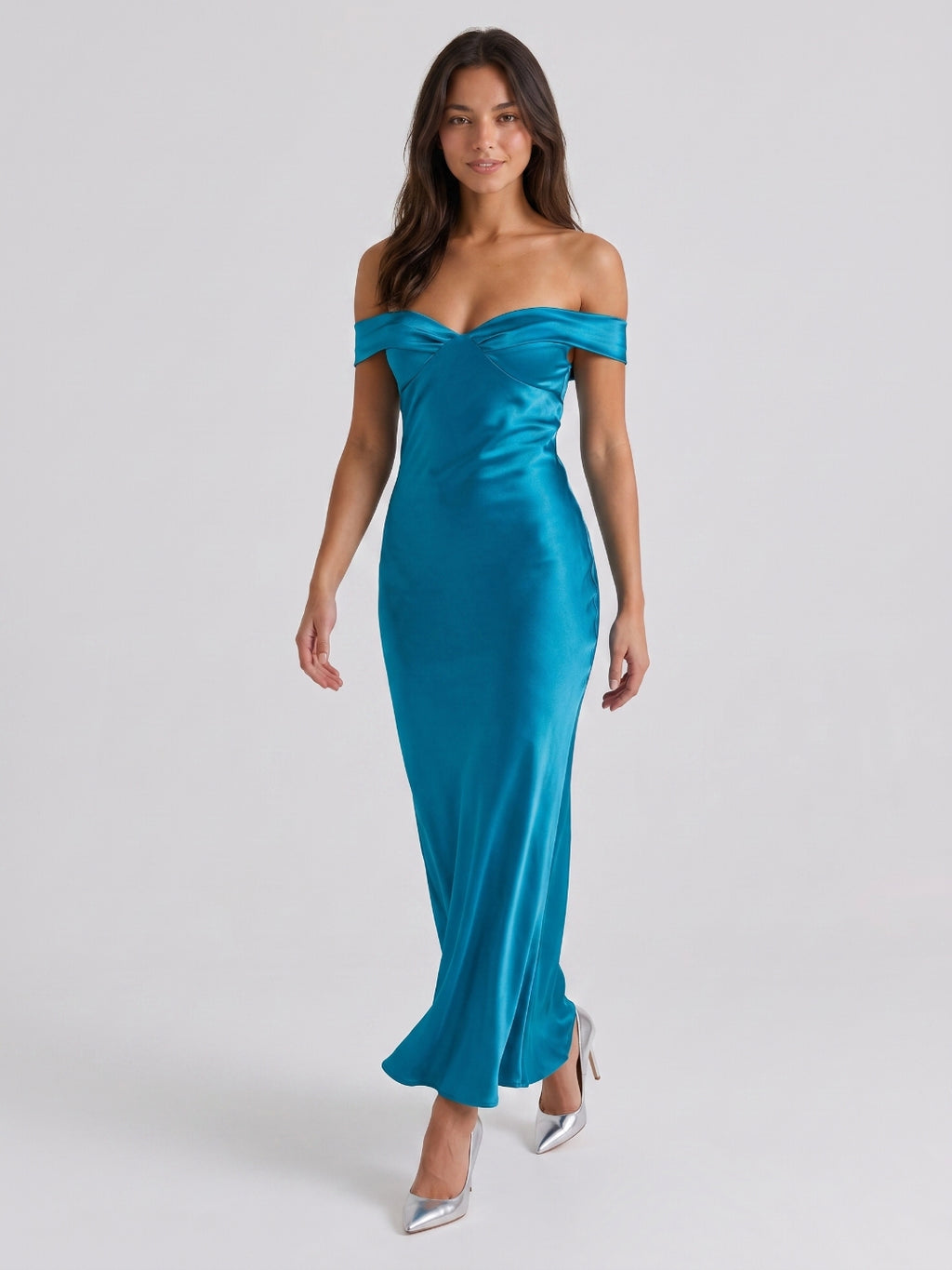 Peacock Blue Satin Sheath Off-the-Shoulder Backless Floor-Length Prom Dress