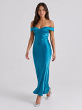 Peacock Blue Satin Sheath Off-the-Shoulder Backless Floor-Length Prom Dress