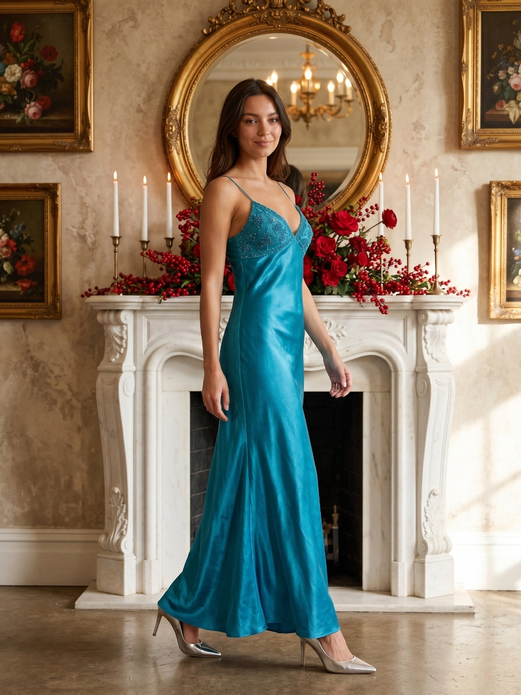 Peacock Blue Satin Sheath V-Neck Backless Ankle-Length Prom Dress