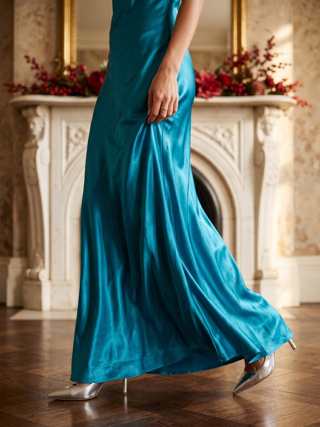 Peacock Blue Satin Sheath V-Neck Backless Ankle-Length Prom Dress