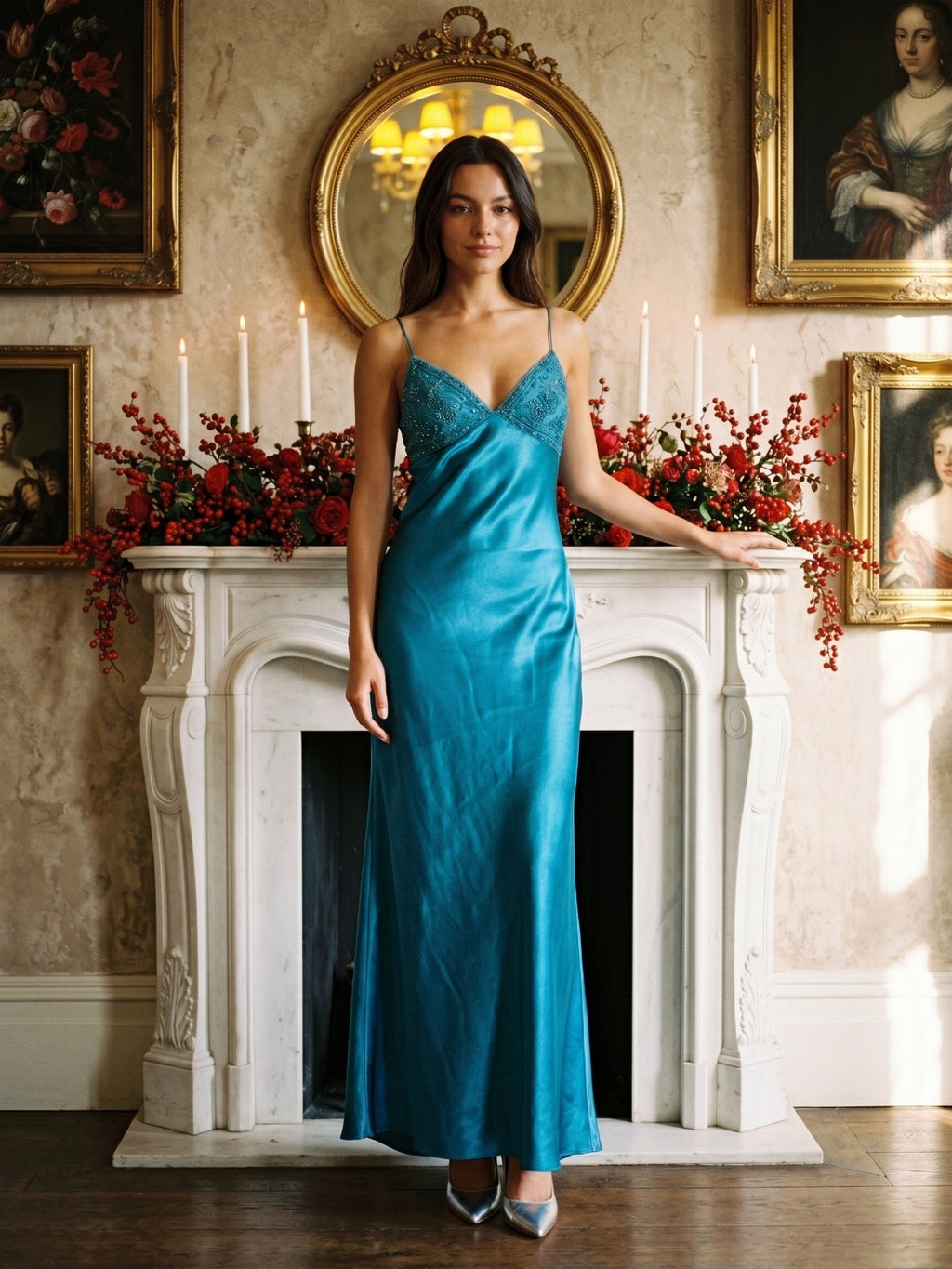 Peacock Blue Satin Sheath V-Neck Backless Ankle-Length Prom Dress