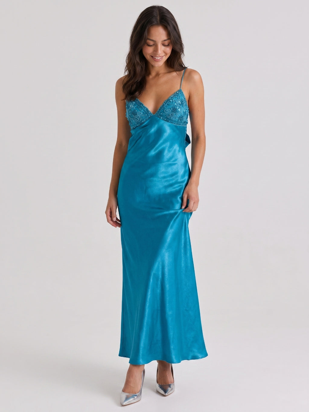 Peacock Blue Satin Sheath V-Neck Backless Ankle-Length Prom Dress