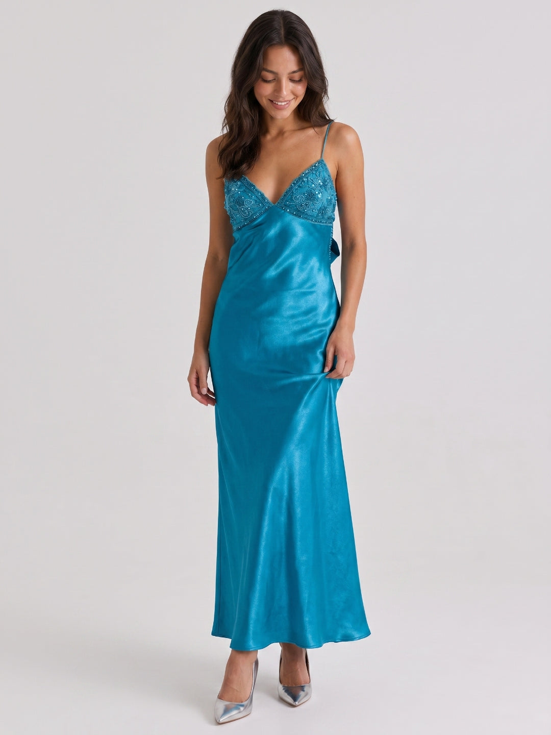 Peacock Blue Satin Sheath V-Neck Backless Ankle-Length Prom Dress