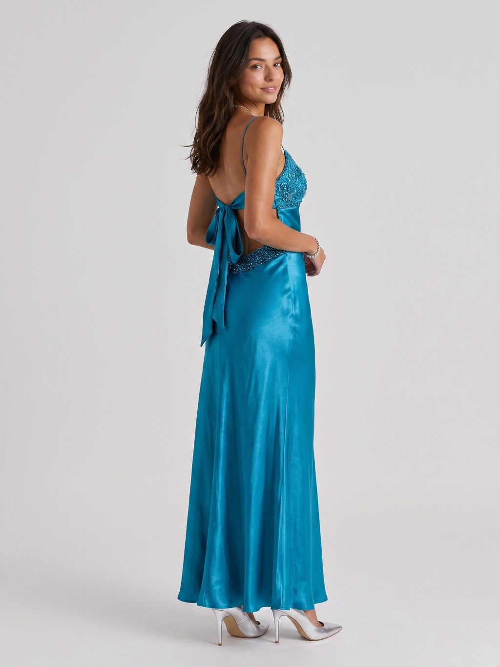 Peacock Blue Satin Sheath V-Neck Backless Ankle-Length Prom Dress