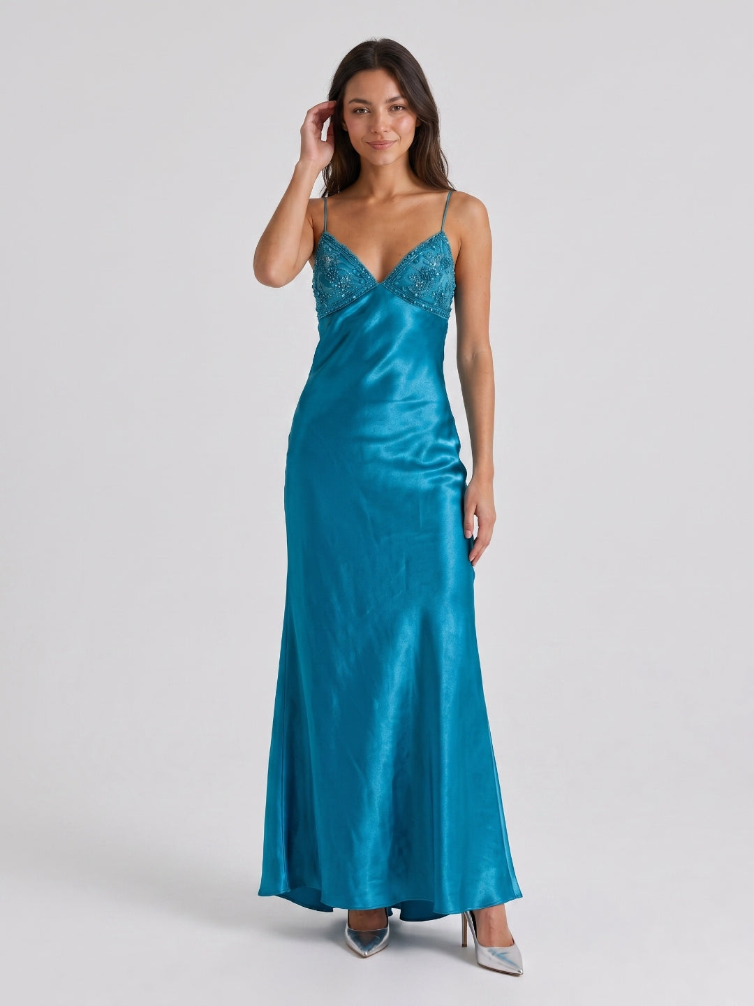 Peacock Blue Satin Sheath V-Neck Backless Ankle-Length Prom Dress