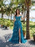 Peacock Blue Tulle A-Line Off-the-Shoulder Backless Floor-Length Cascading Ruffle Prom Dress