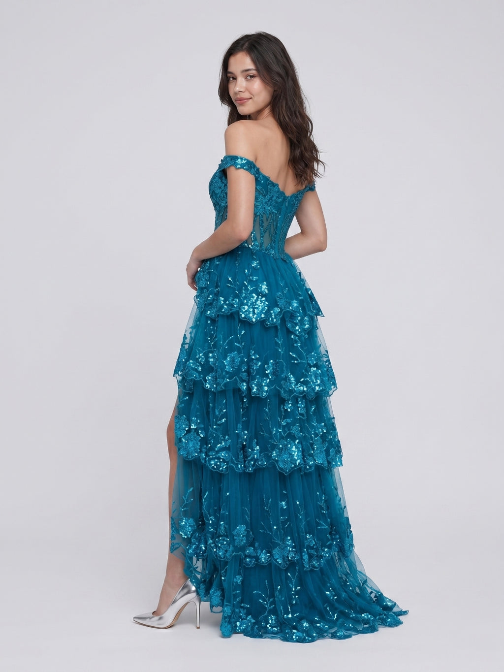 Peacock Blue Tulle A-Line Off-the-Shoulder Backless Floor-Length Cascading Ruffle Prom Dress