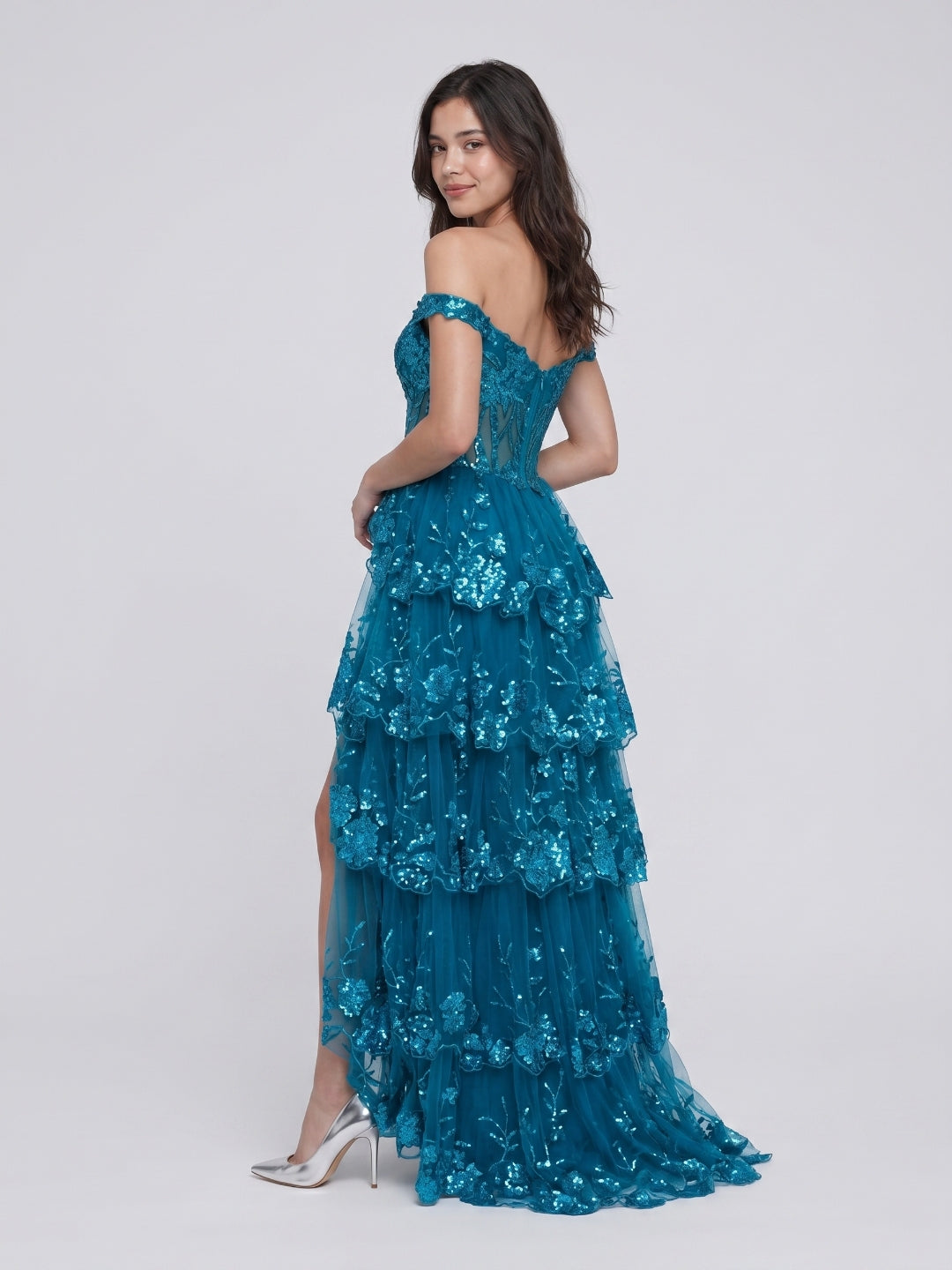 Peacock Blue Tulle A-Line Off-the-Shoulder Backless Floor-Length Cascading Ruffle Prom Dress