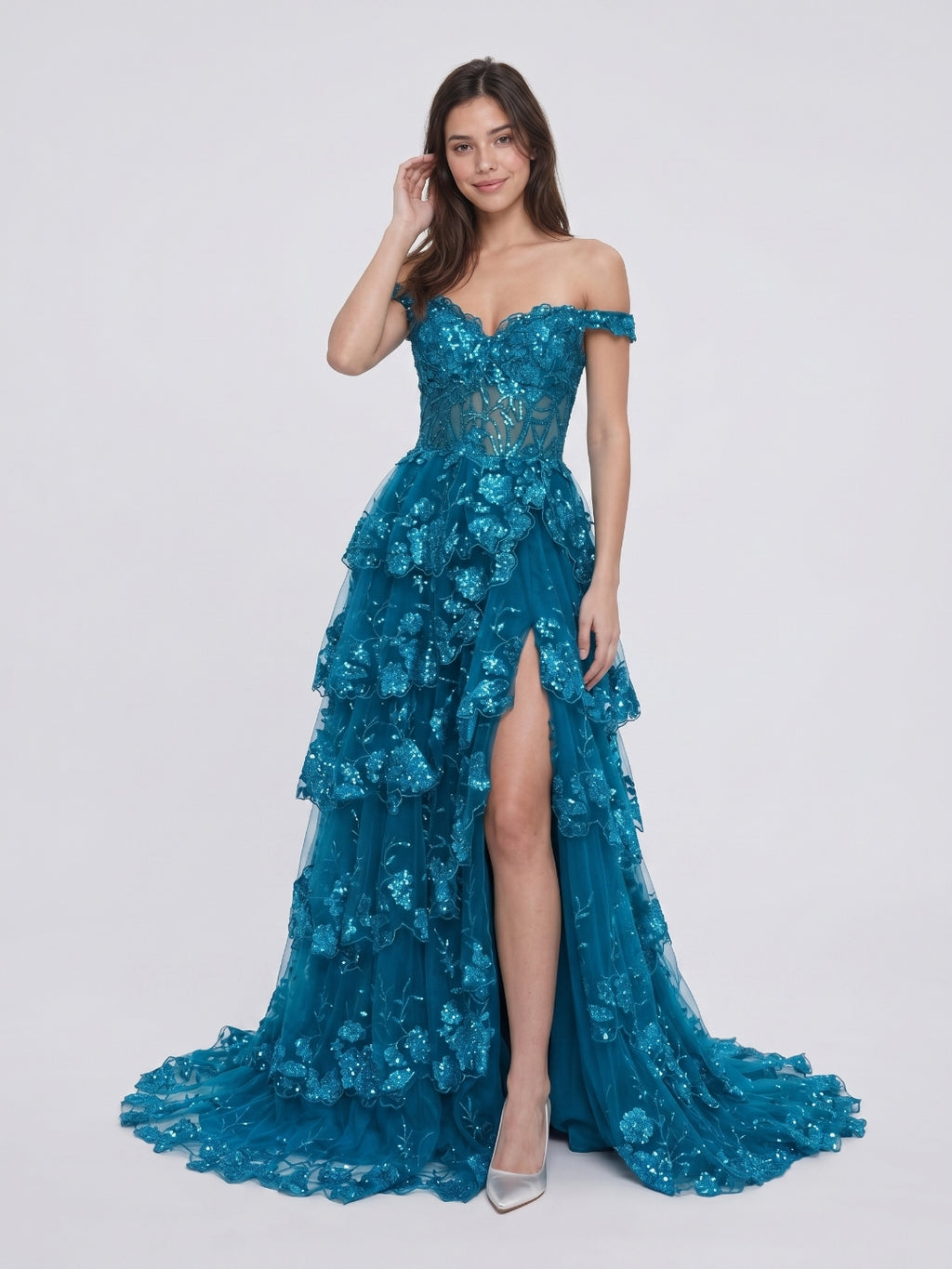 Peacock Blue Tulle A-Line Off-the-Shoulder Backless Floor-Length Cascading Ruffle Prom Dress