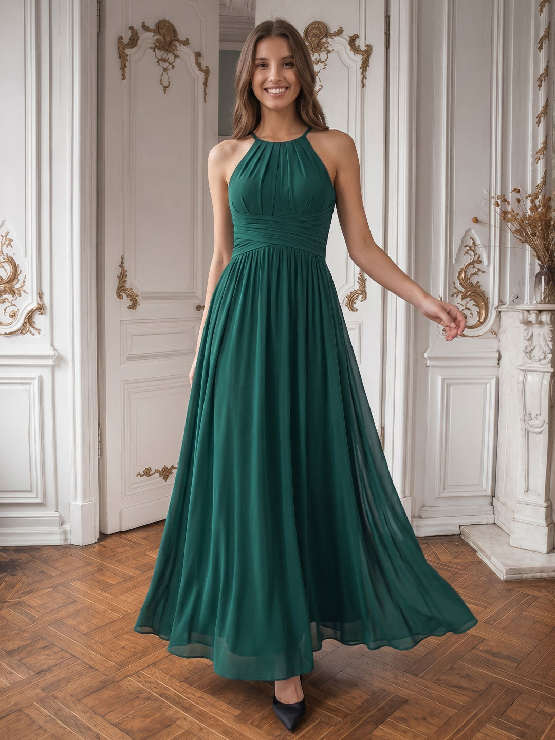 Peacock Chiffon A-Line Halter Criss-Cross Back Floor-Length Pleated Bridesmaid Dress